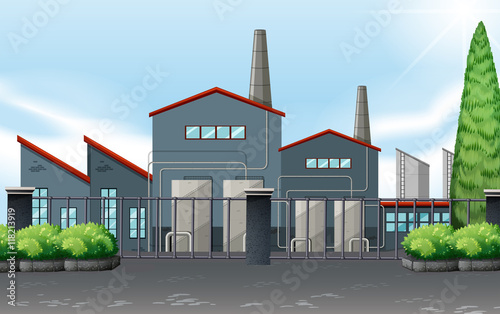 Factory building behind the metal fence