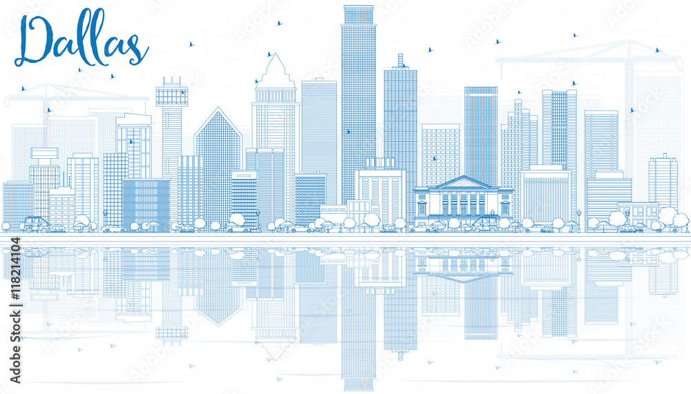 Outline Dallas Skyline with Blue Buildings and Reflections.