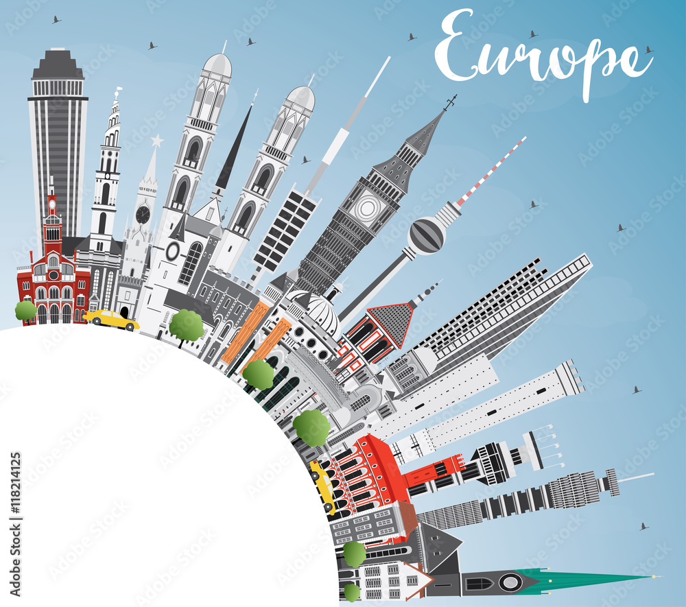 Europe skyline silhouette with different landmarks and copy space
