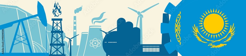 Energy and Power icons set. Header banner with Kazakhstan flag. Sustainable energy generation and heavy industry. Vector illustration