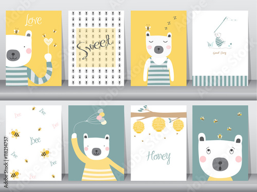 Set of cute animals poster,template,cards,bear,Vector illustrations 