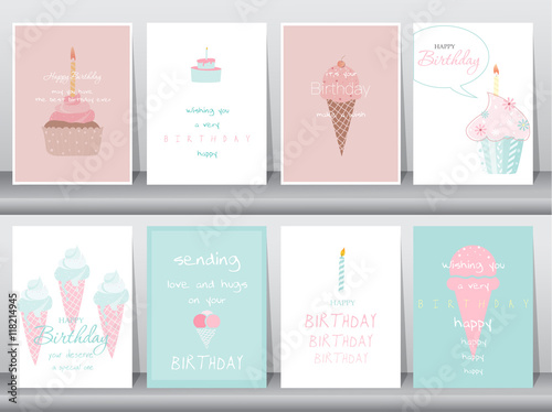 Set of birthday cards,poster,template,greeting cards,cake,ice cream,Vector illustrations