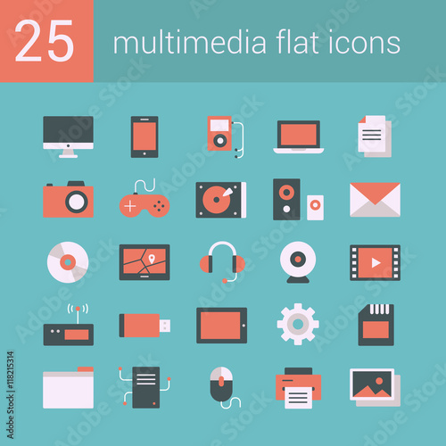 Set of 25 vector flat icons on a light-blue background