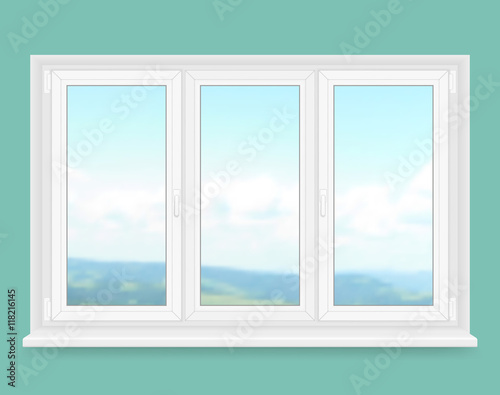 Realistic white plastic window with landscape view. Vector illustration.