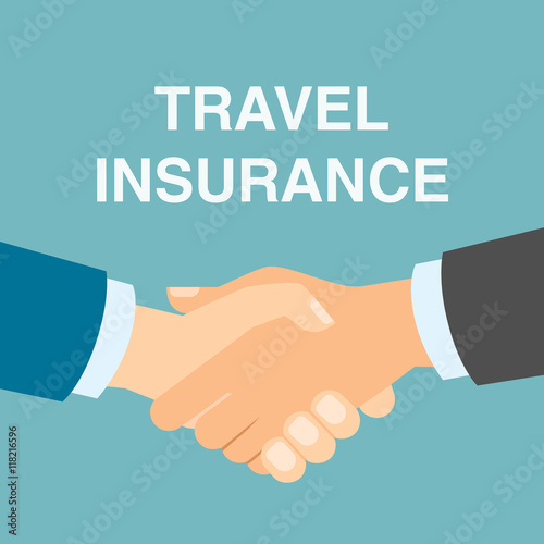 Travel insurance handshake. Including, medical, health care and family protection. Agreement in travel agency.