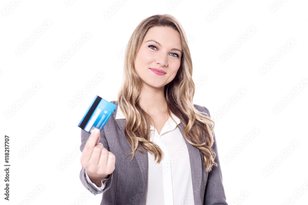 Pretty young lady offering her debit card Pretty young lady offering her debit card