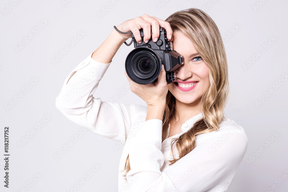 Photographer woman all set to click Photographer woman all set to click