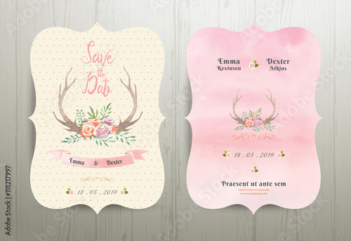 Antler flowers rustic wedding save the date invitation card 02