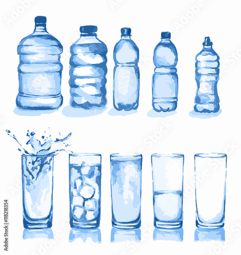 Watercolor glasses set. Glasses of water. Empty glass, half full, full, with ice cubes and splash. Different types of water bottles.