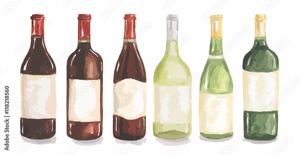 Fototapeta premium Watercolor wine bottles set. Beautiful bottles for decoration menu in restaurant or cafe. Alcoholic beverage.