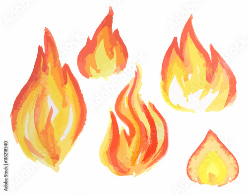 Watercolor flame set. Different kids of flames and fire. Fire element. Light, heat and danger.