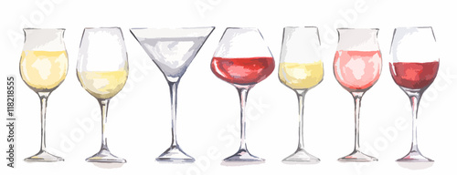 Watercolor wine glasses set. Beautiful glasses for decoration menu in restaurant or cafe. Alcoholic beverage.
