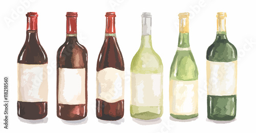 Watercolor wine bottles set. Beautiful bottles for decoration menu in restaurant or cafe. Alcoholic beverage.