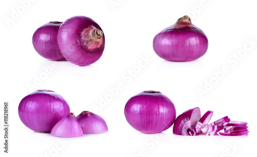 whloe and half cut red onion, shallots on white background