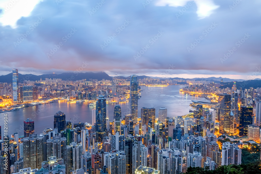 The Hong Kong skyline at the Victoria Peak viewpoint. 