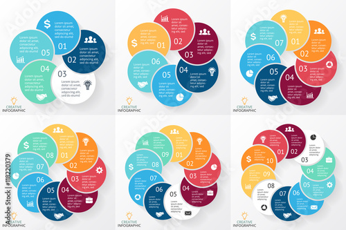 Vector circle arrows infographics set, cycle diagram, graph, presentation chart. Business concept with 5, 6, 7, 8, 9, 10 options, parts, steps, processes.
