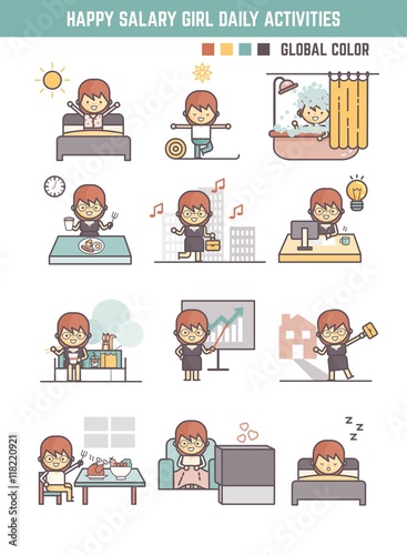 happy salary girl daily life routine cartoon character
