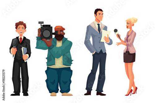 Beautiful female journalist, interviewee, reporter and operator, cartoon style vector illustration isolated on white background. Full height cameraman and reporter, journalist taking interview