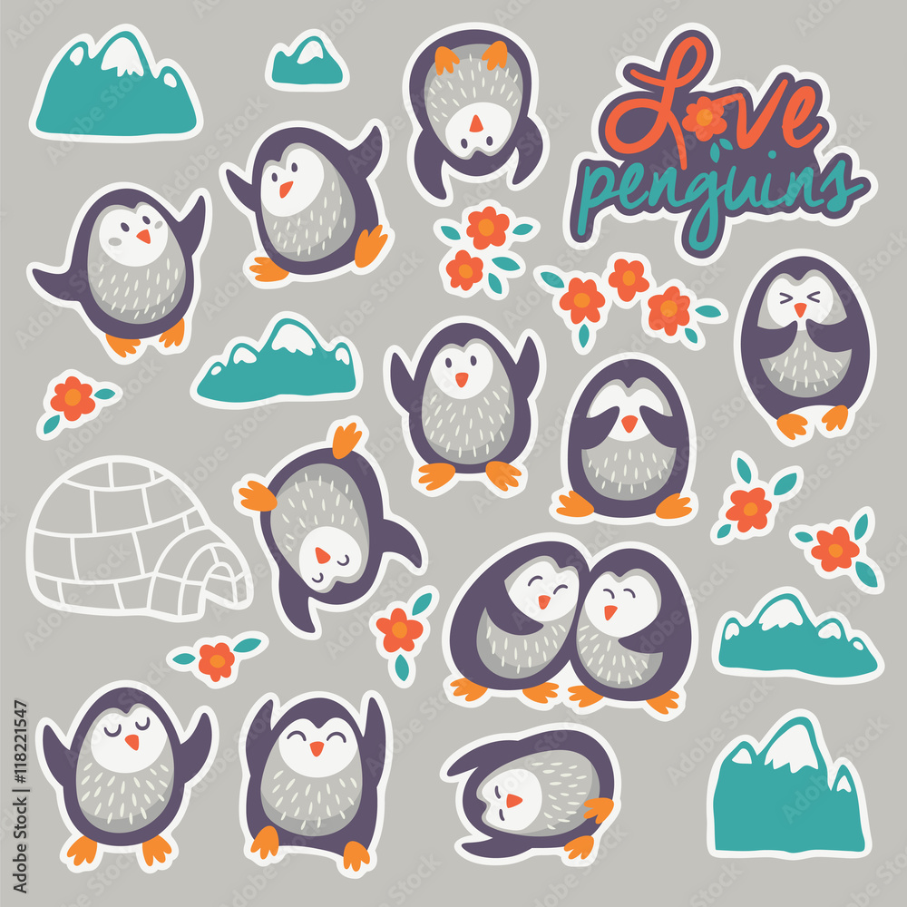 Fototapeta premium Collection of stickers with cute cartoon funny penguins