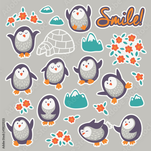 Collection of stickers with cute cartoon funny penguins