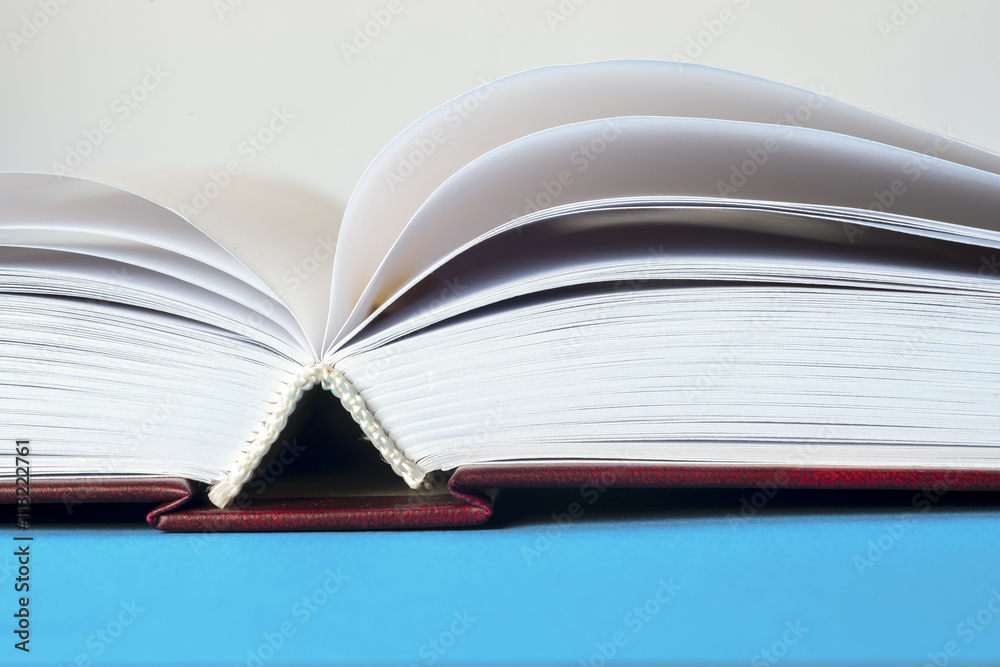 Fototapeta premium Open book on light table. Back to school. Copy space