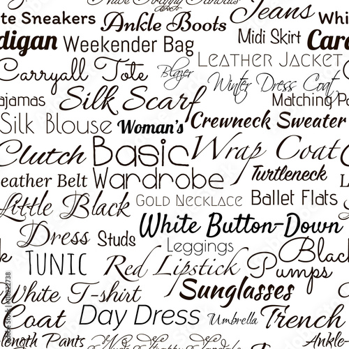 seamless background of women's basic wardrobe check list, typographic illustration made in vector