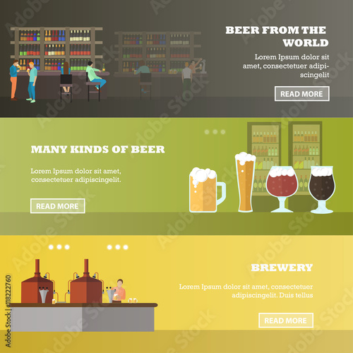 Vector set of brewery and beer restaurant concept banners. Visitors drink in a bar