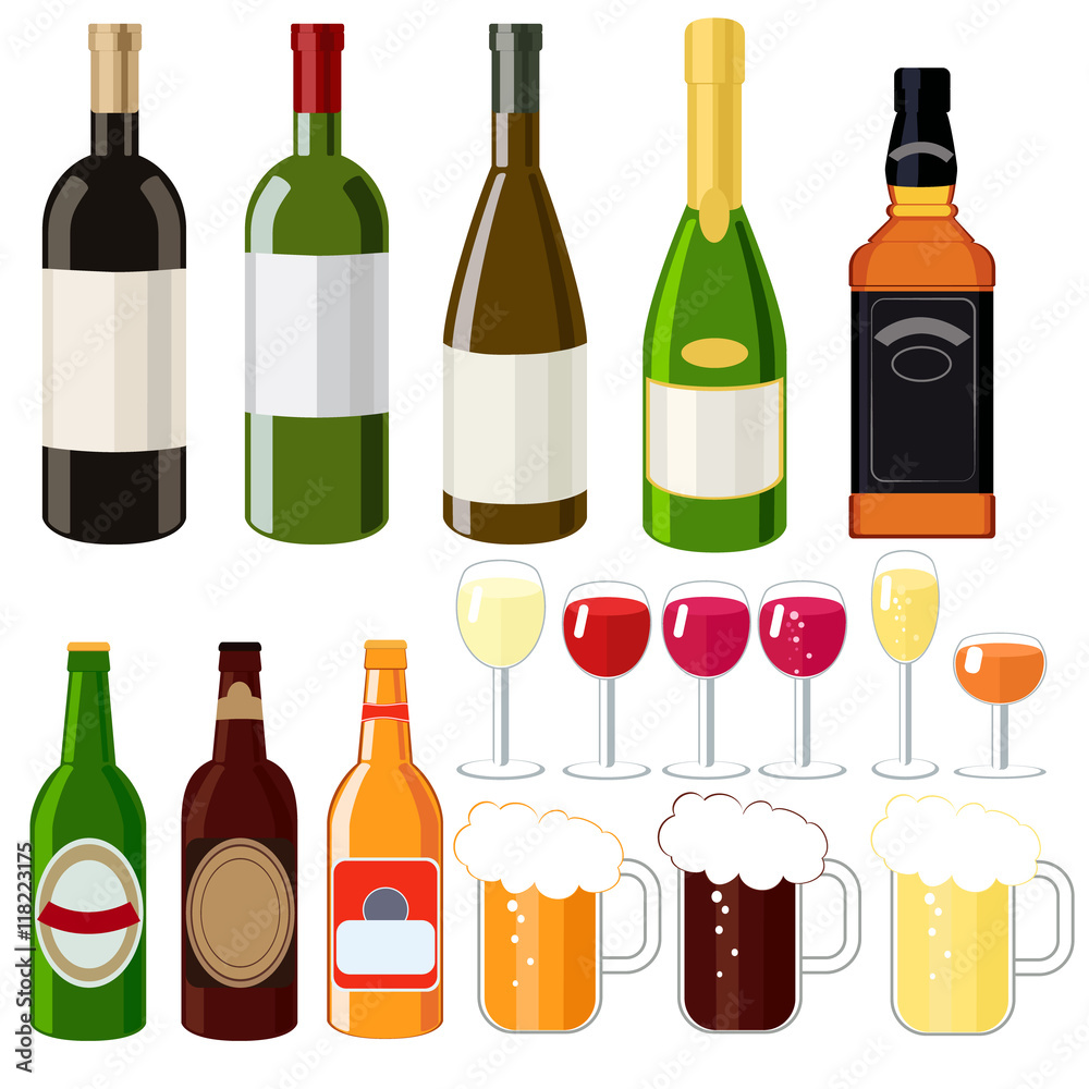 Alcohol set , wine, beer , whiskey , beer mugs , shot glasses, c Stock
