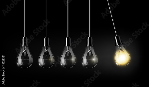 Glowing light bulb is among a lot of turned off light bulbs on dark blue background , concept idea, perpetual Motion concept, an analogy with Newton's cradle, transparent vector