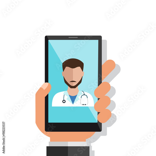 Hand holding smartphone with male doctor on call and an online consultation. Vector flat illustration.