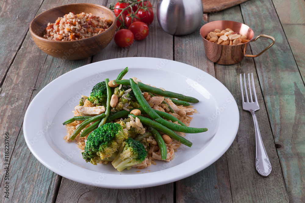 Healthy dinner with broccoli and green beans