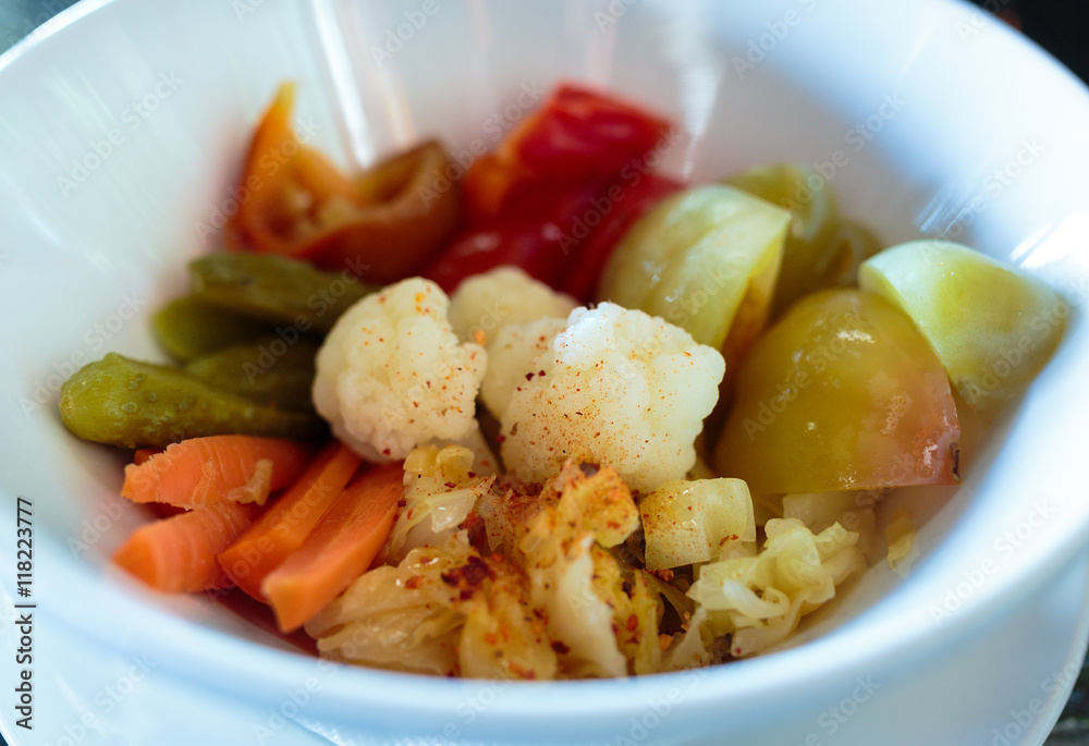 Variety of pickled veggies in a bowl