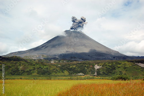 Karimskiy volcano. Volcanic eruption in Kamchatka, ash flow and destroyed photo