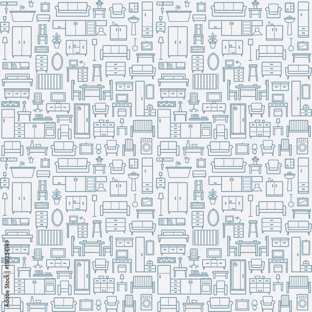 Vector seamless pattern background with home furniture outline icons 9