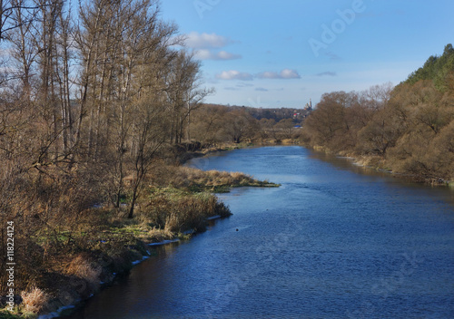 Beautiful landscape with river, forest and church, Borovsk, Kaluga region, Russia
