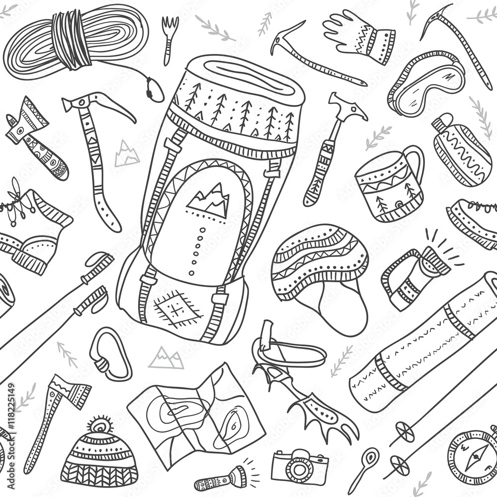Climbing equipment seamless pattern in ethnic ornate boho style.