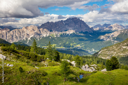 Summer Mountain Landscape with big peaks of Dolomites and trees,