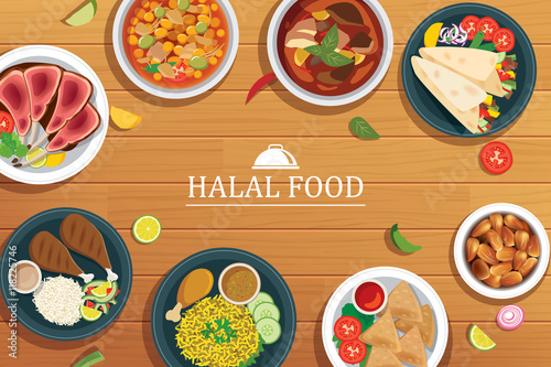 halal food on a wooden background.Vector halal food top view.