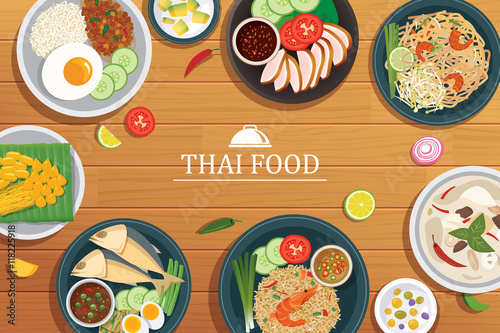 thai food on a wooden background.Vector thai food top view