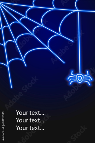 Blue neon cobweb and spider on black background for your design 