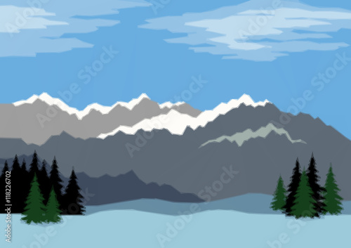 Background Landscape with Far Mountains and Blue Sky with Clouds in the Distance, Fir Trees and Snowdrifts. Low Poly Illustration. Vector