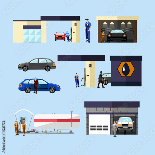 Gas station, car wash and repair shop concept vector isolated objects, icons. Transport related service