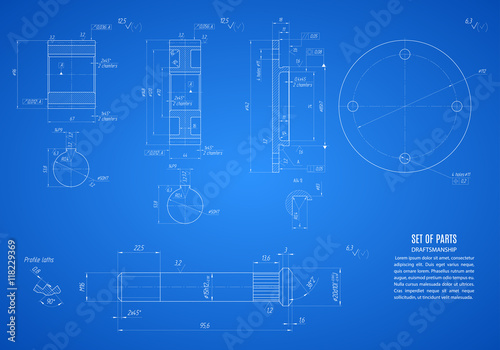 blueprint of gears and shaft, project technical drawing on the blue background. stock vector illustration eps10
