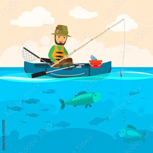 Fisherman on a boat vector illustration. Man fishing at river, a lot of fish in water and clouds in sky