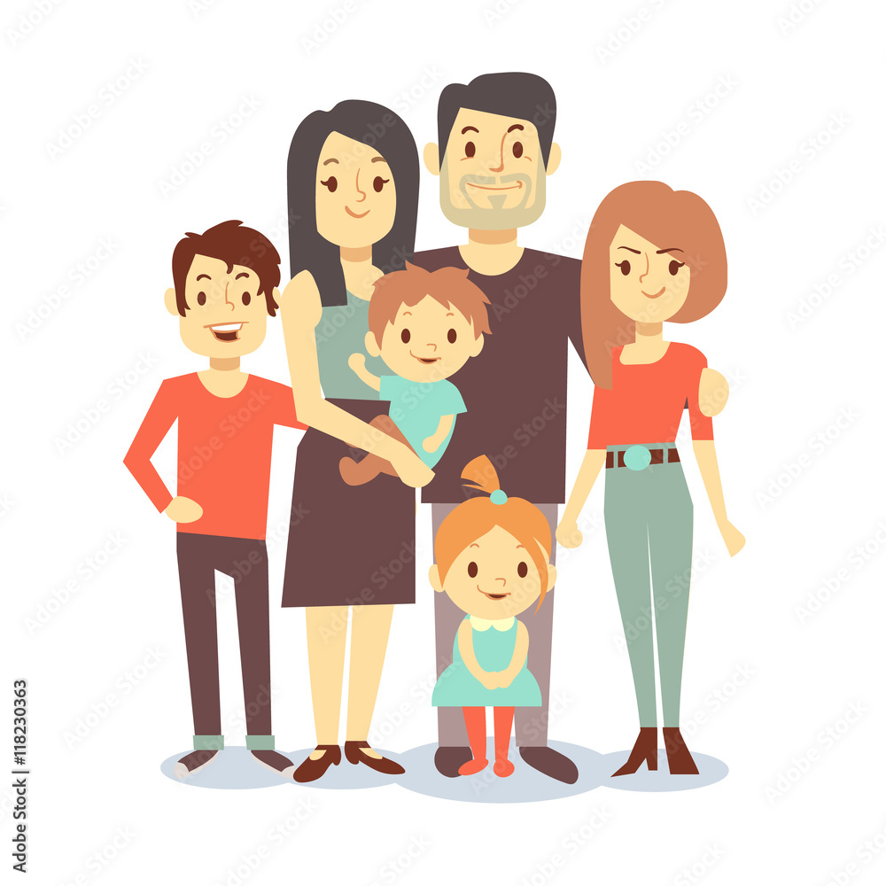 Cute cartoon family vector characters in casual clothes
