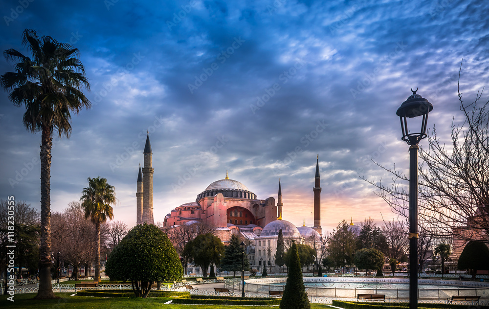 Hagia Sophia church , mosque and now museum in Istanbul Turkey exterior view at sunset view from the park of Sultanahmet mosque