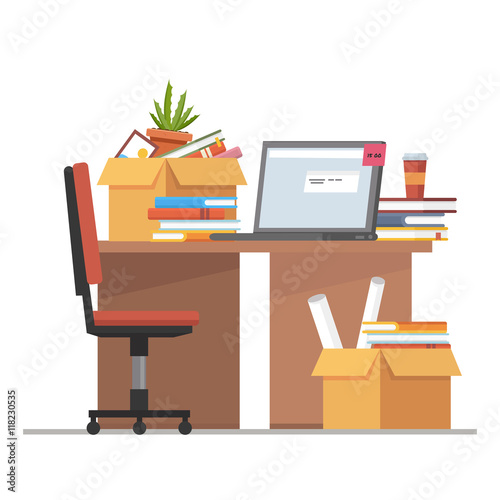 Office workplace interior design with desk and laptop. Business objects, elements. Flat concept illustration.