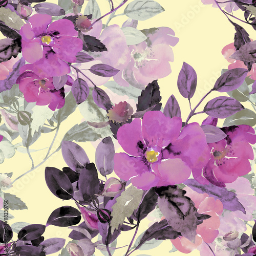 Seamless illustration branches with flowers of rose hips