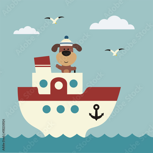 Funny puppy sailor on bridge of ship. Icon sea travel.