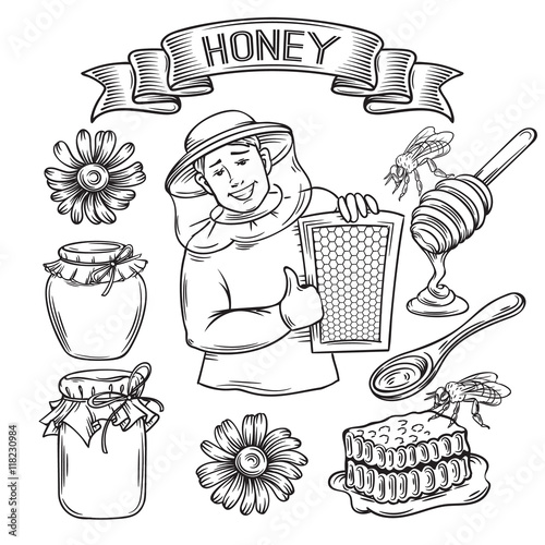 Set hand drawn icon honey.